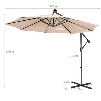 10 ft Cantilever Umbrella with 32 Solar-Powered LED Lights for Backyard Poolside Market-Beige