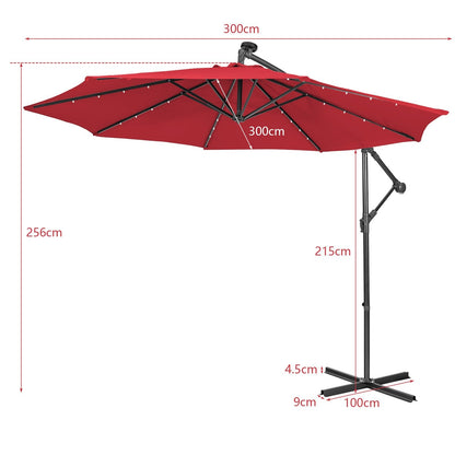 10 ft Cantilever Umbrella with 32 Solar-Powered LED Lights for Backyard Poolside Market-Wine