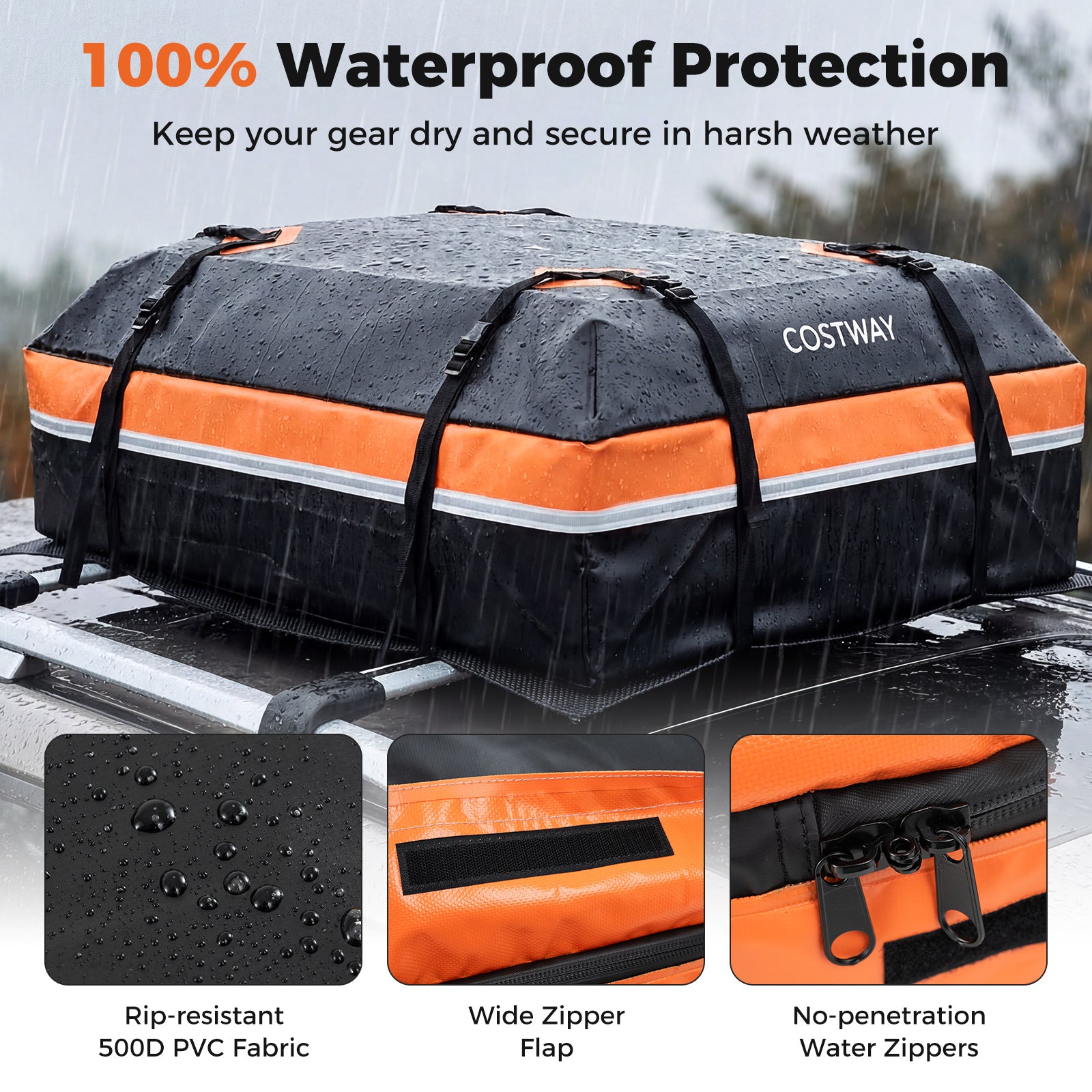 Car Rooftop Cargo Carrier Waterproof Heavy-Duty PVC Roof Bag Storage Bag-Orange-M