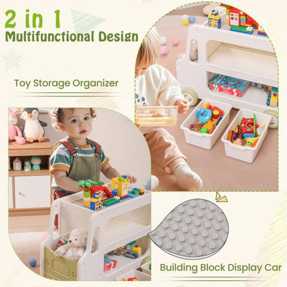 2 in 1 Car Shaped Toy Cabinet with Safe HDPE Frame and 2 Storage Baskets-White