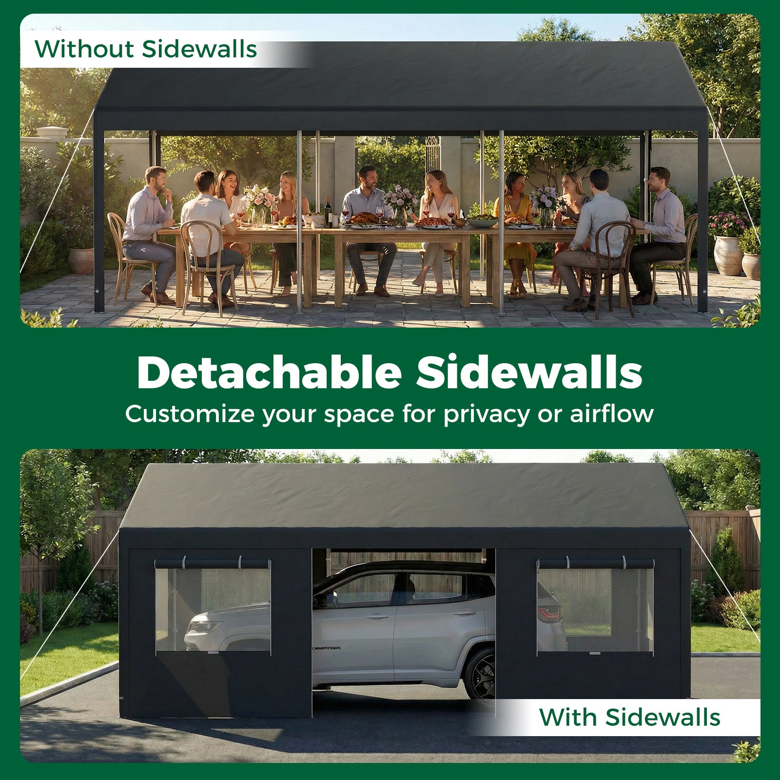 Carport Heavy-Duty Car Canopy with Roll-Up Ventilated Windows-Dark Grey