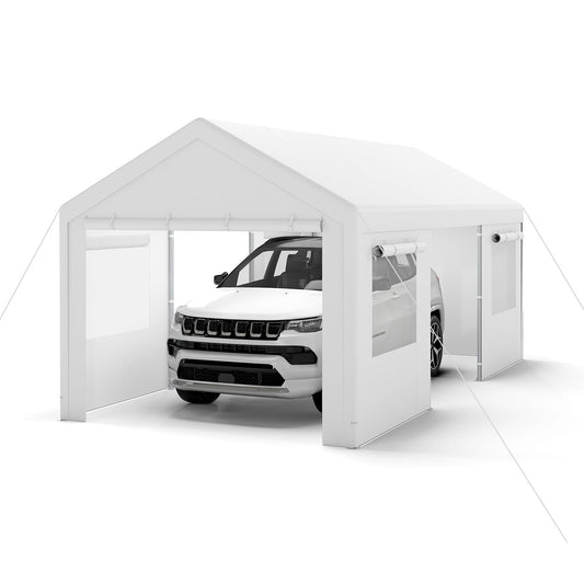 Carport Heavy-Duty Car Canopy with Roll-Up Ventilated Windows-White