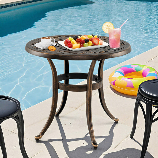 Cast Aluminum Patio Side Table with Floral Hollow-out Pattern-Bronze