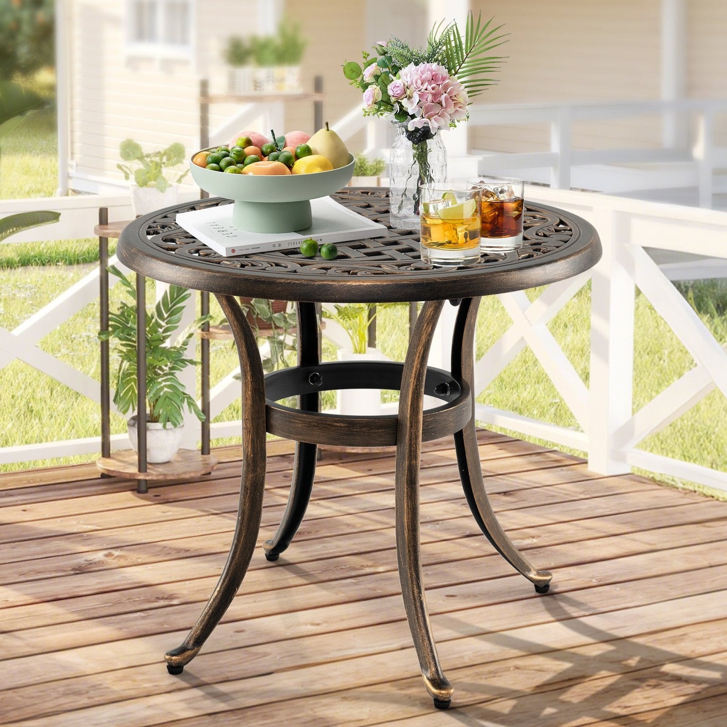 Cast Aluminum Patio Side Table with Floral Hollow-out Pattern-Bronze