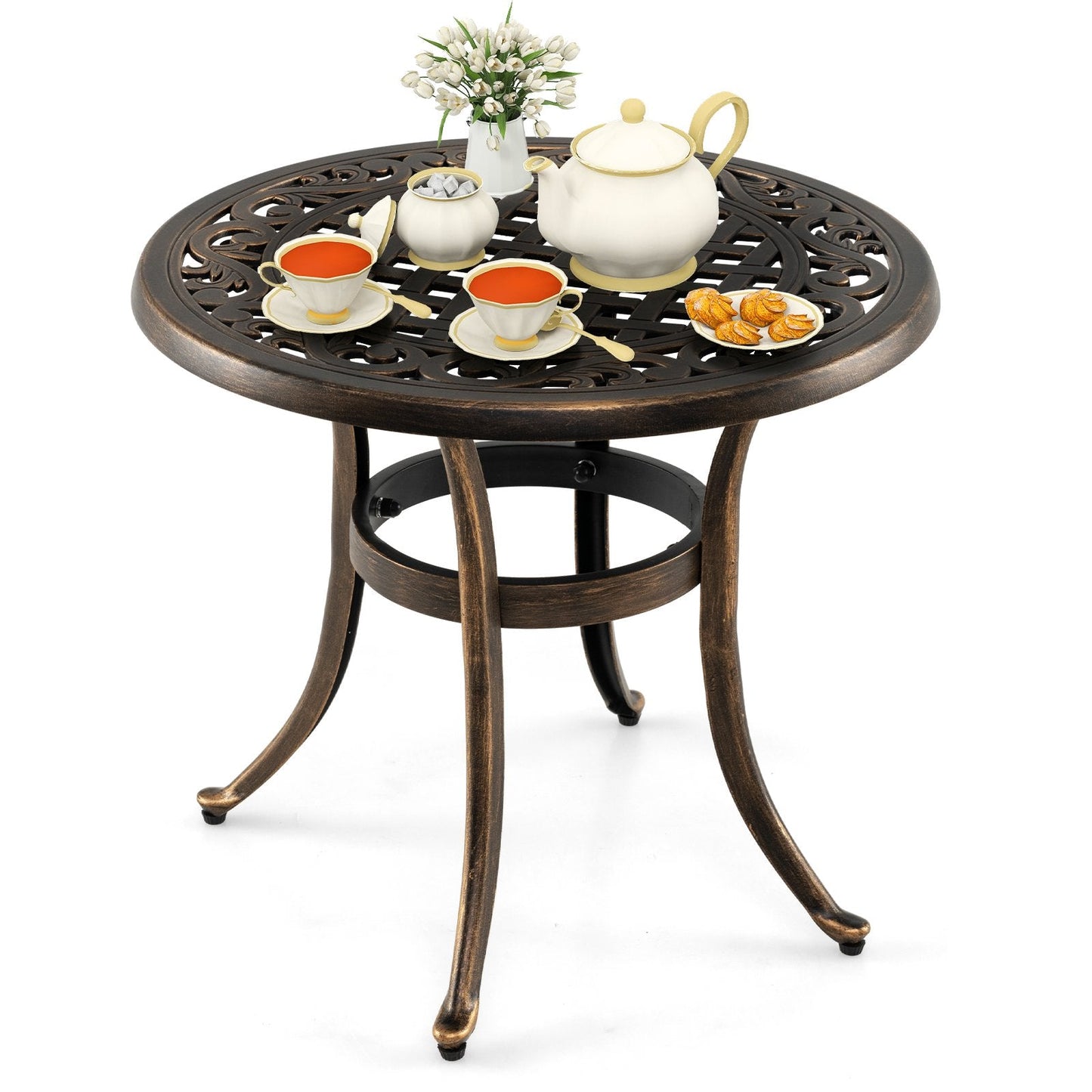 Cast Aluminum Patio Side Table with Floral Hollow-out Pattern-Bronze