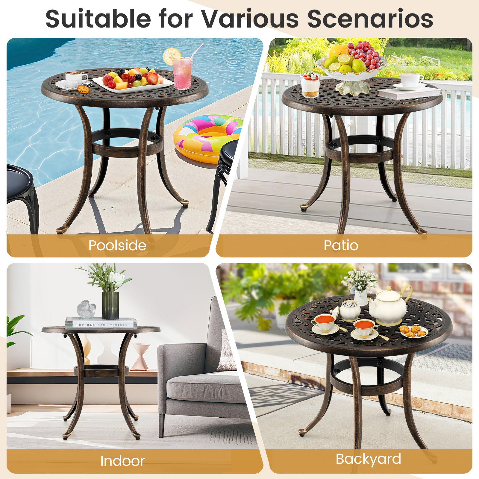 Cast Aluminum Patio Side Table with Floral Hollow-out Pattern-Bronze