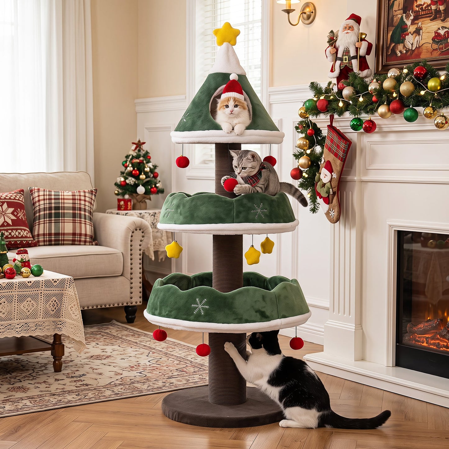 Cat Christmas Tree with Cozy Condo and Scratching Posts-Green