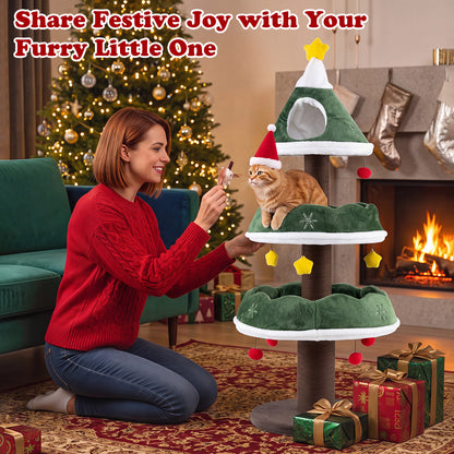 Cat Christmas Tree with Cozy Condo and Scratching Posts-Green