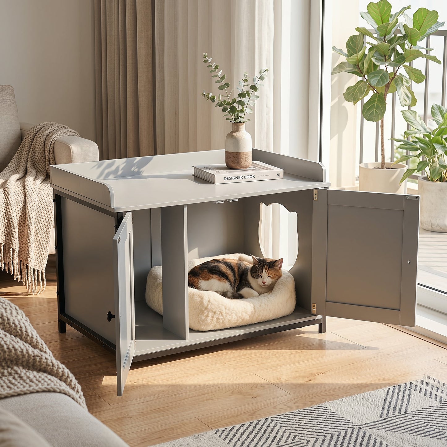 Cat Litter Box Enclosure with 2 Barn Doors Metal Legs and Side Entrance-Grey