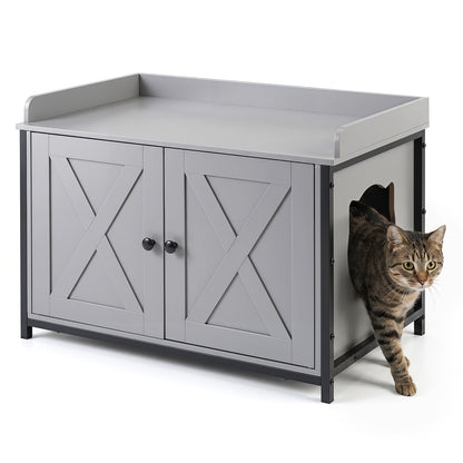 Cat Litter Box Enclosure with 2 Barn Doors Metal Legs and Side Entrance-Grey