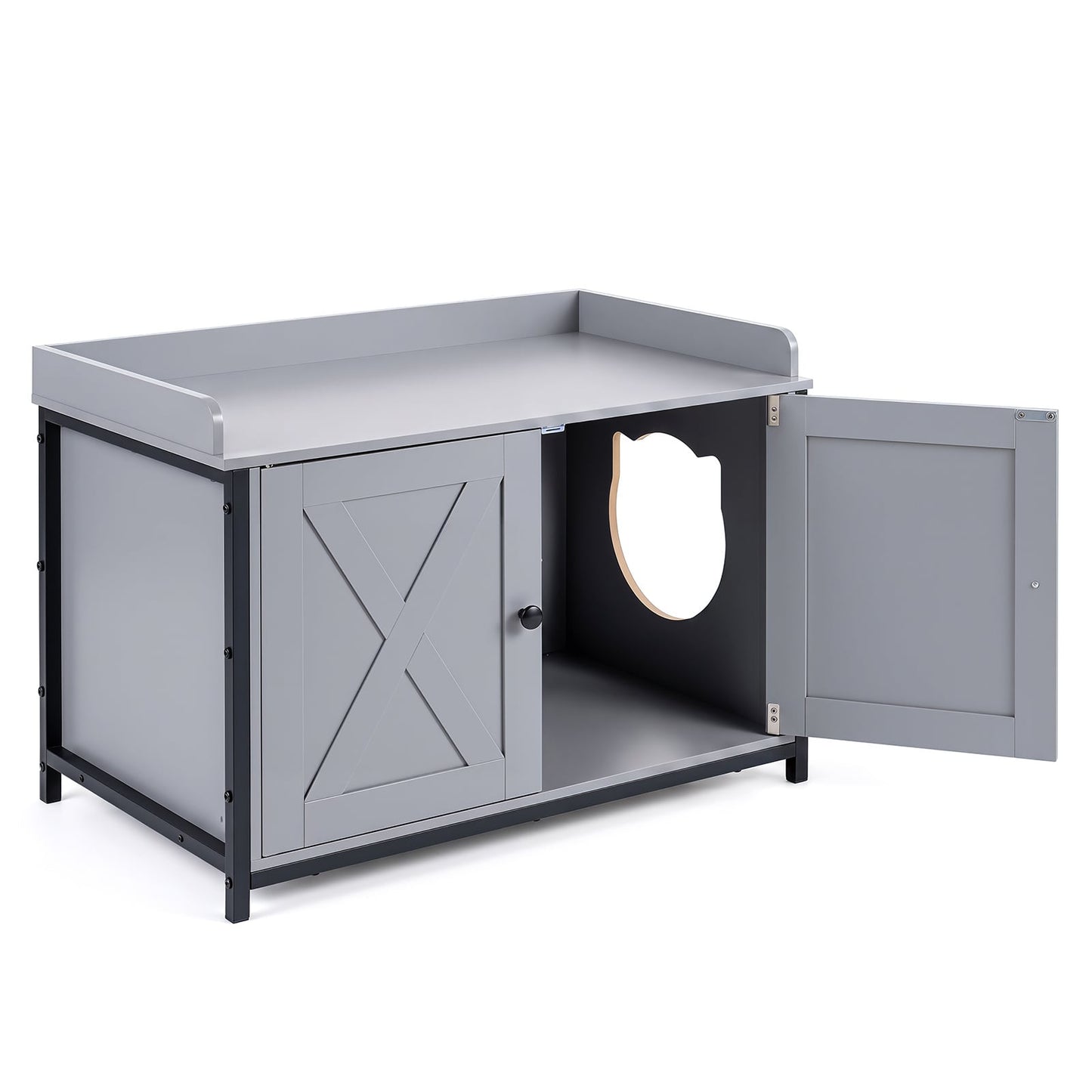 Cat Litter Box Enclosure with 2 Barn Doors Metal Legs and Side Entrance-Grey