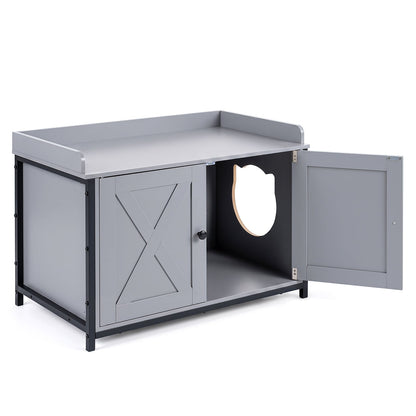 Cat Litter Box Enclosure with 2 Barn Doors Metal Legs and Side Entrance-Grey