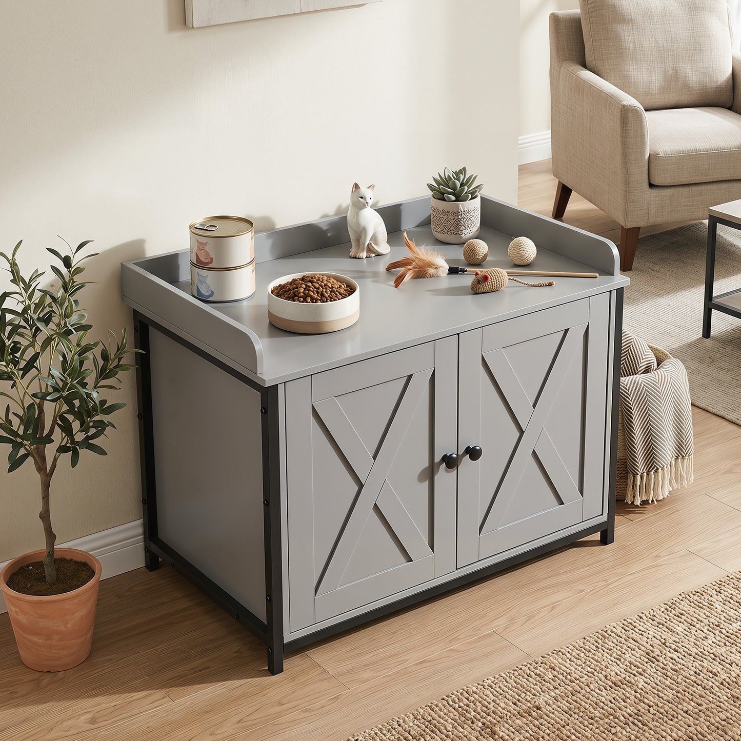 Cat Litter Box Enclosure with 2 Barn Doors Metal Legs and Side Entrance-Grey