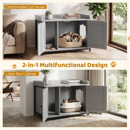 Cat Litter Box Enclosure with 2 Barn Doors Metal Legs and Side Entrance-Grey
