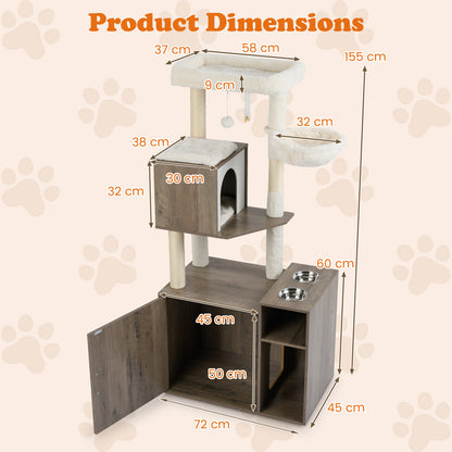 Cat Litter Box Enclosure with Sisal Scratching Post and Mat-Grey