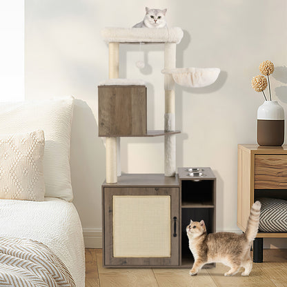 Cat Litter Box Enclosure with Sisal Scratching Post and Mat-Grey