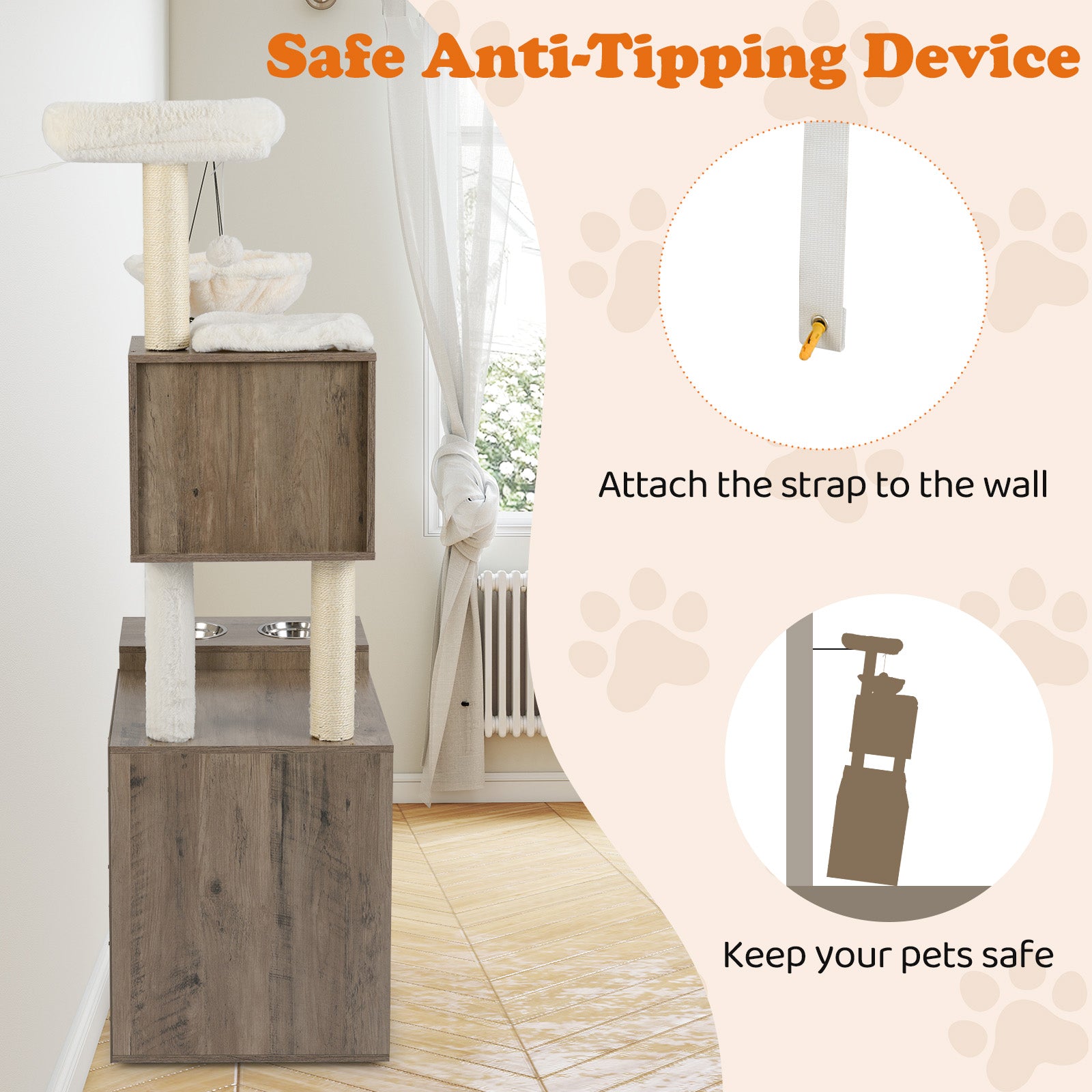 Cat Litter Box Enclosure with Sisal Scratching Post and Mat-Grey