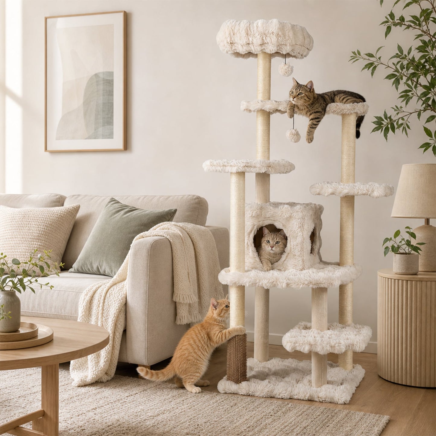 Cat Tree with Sisal Scratching Posts and Platform for Indoor Cats-Beige