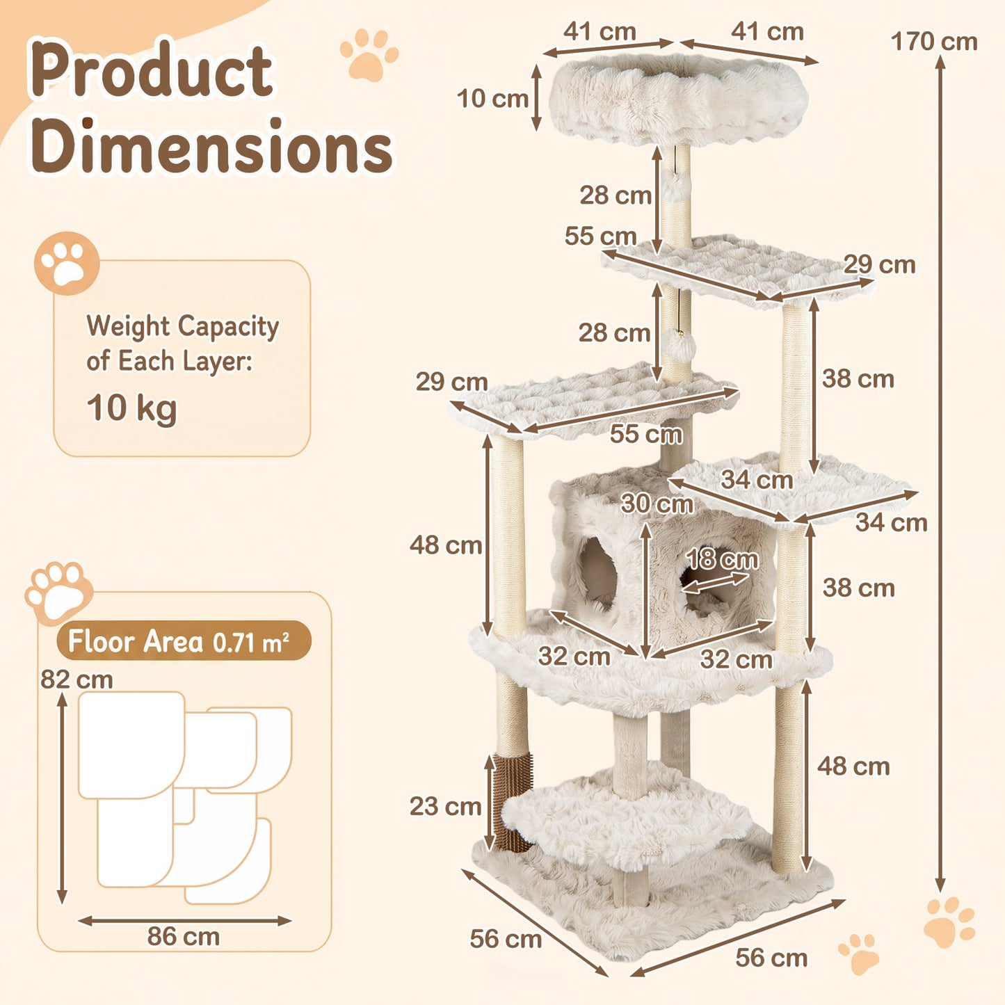 Cat Tree with Sisal Scratching Posts and Platform for Indoor Cats-Beige