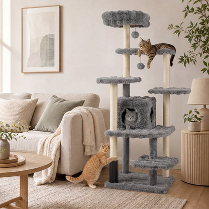 Cat Tree with Sisal Scratching Posts and Platform for Indoor Cats-Grey