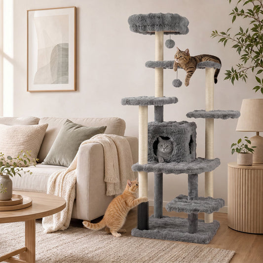 Cat Tree with Sisal Scratching Posts and Platform for Indoor Cats-Grey