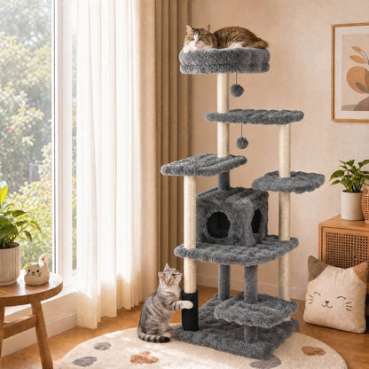 Cat Tree with Sisal Scratching Posts and Platform for Indoor Cats-Grey