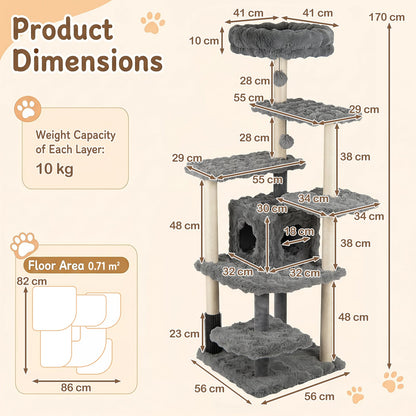 Cat Tree with Sisal Scratching Posts and Platform for Indoor Cats-Grey