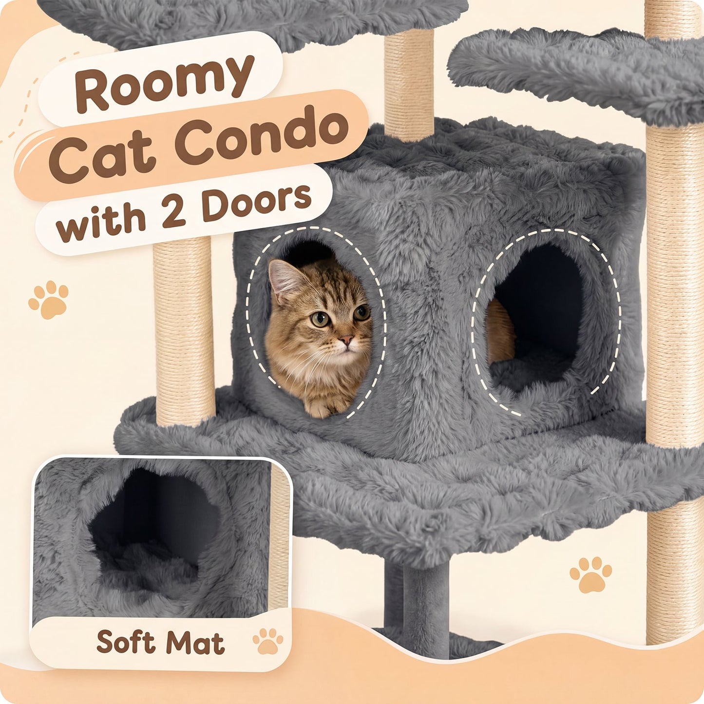 Cat Tree with Sisal Scratching Posts and Platform for Indoor Cats-Grey