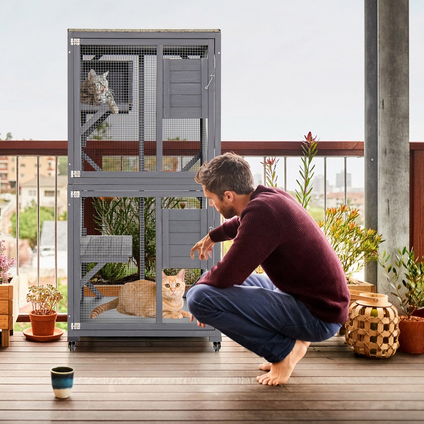 Wooden Cat House with Asphalt Roof and Large Front Door-Grey