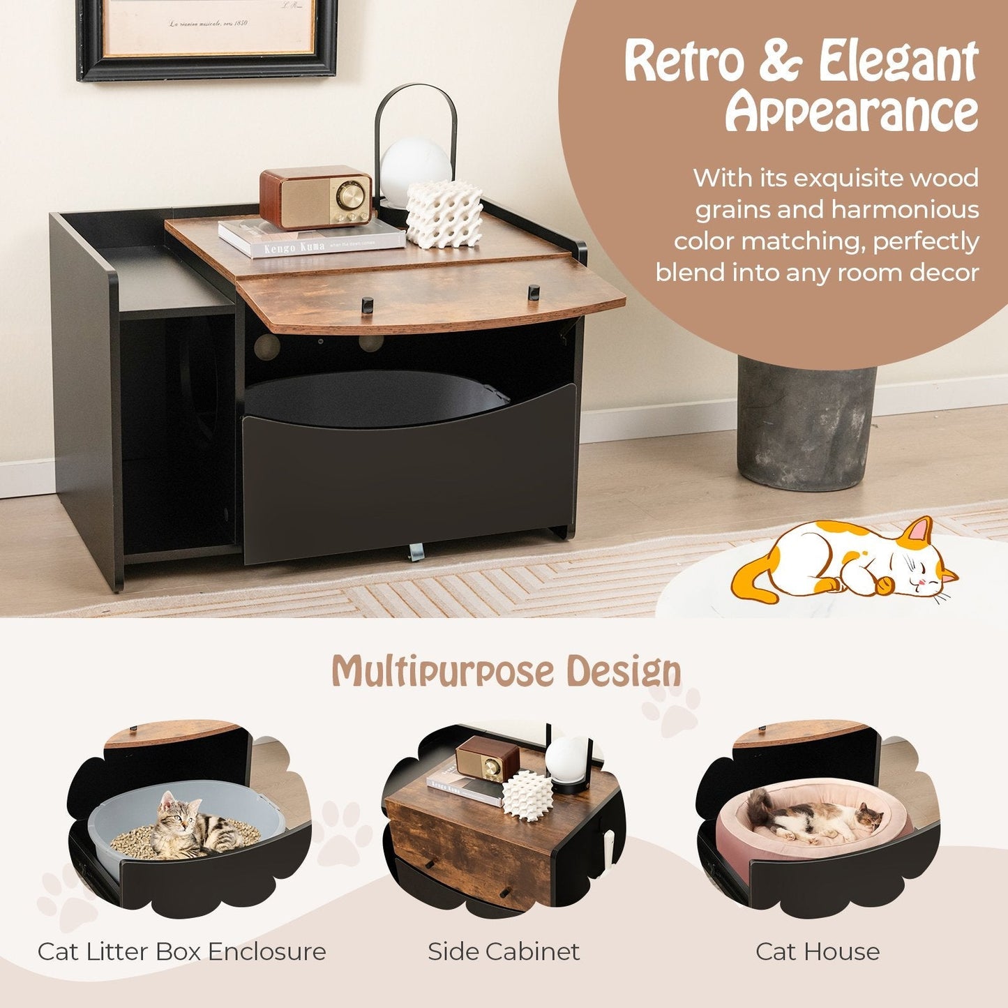 Cat Litter Box Enclosure with Pull-out Drawer, Rolling Caster and Flip Door-Black &amp; Brown