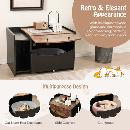 Cat Litter Box Enclosure with Pull-out Drawer, Rolling Caster and Flip Door-Black &amp; Brown