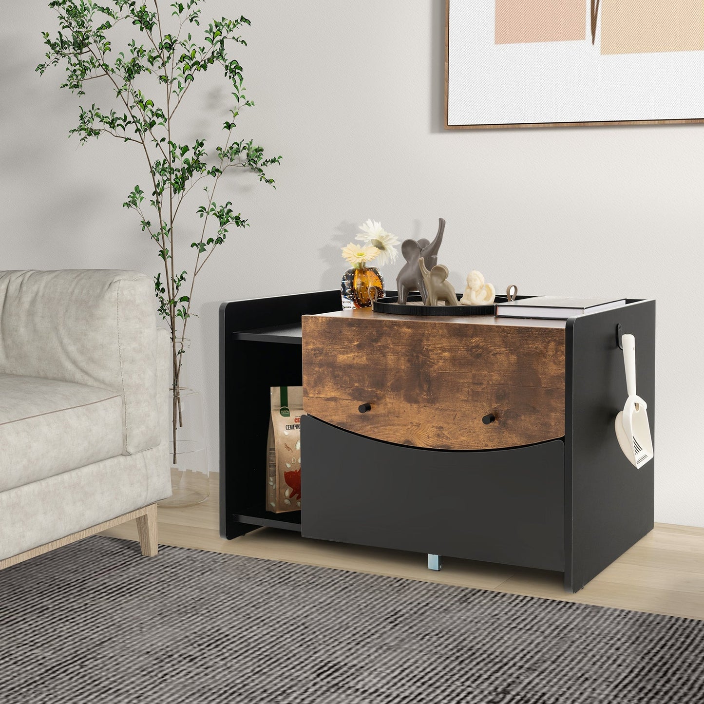 Cat Litter Box Enclosure with Pull-out Drawer, Rolling Caster and Flip Door-Black &amp; Brown