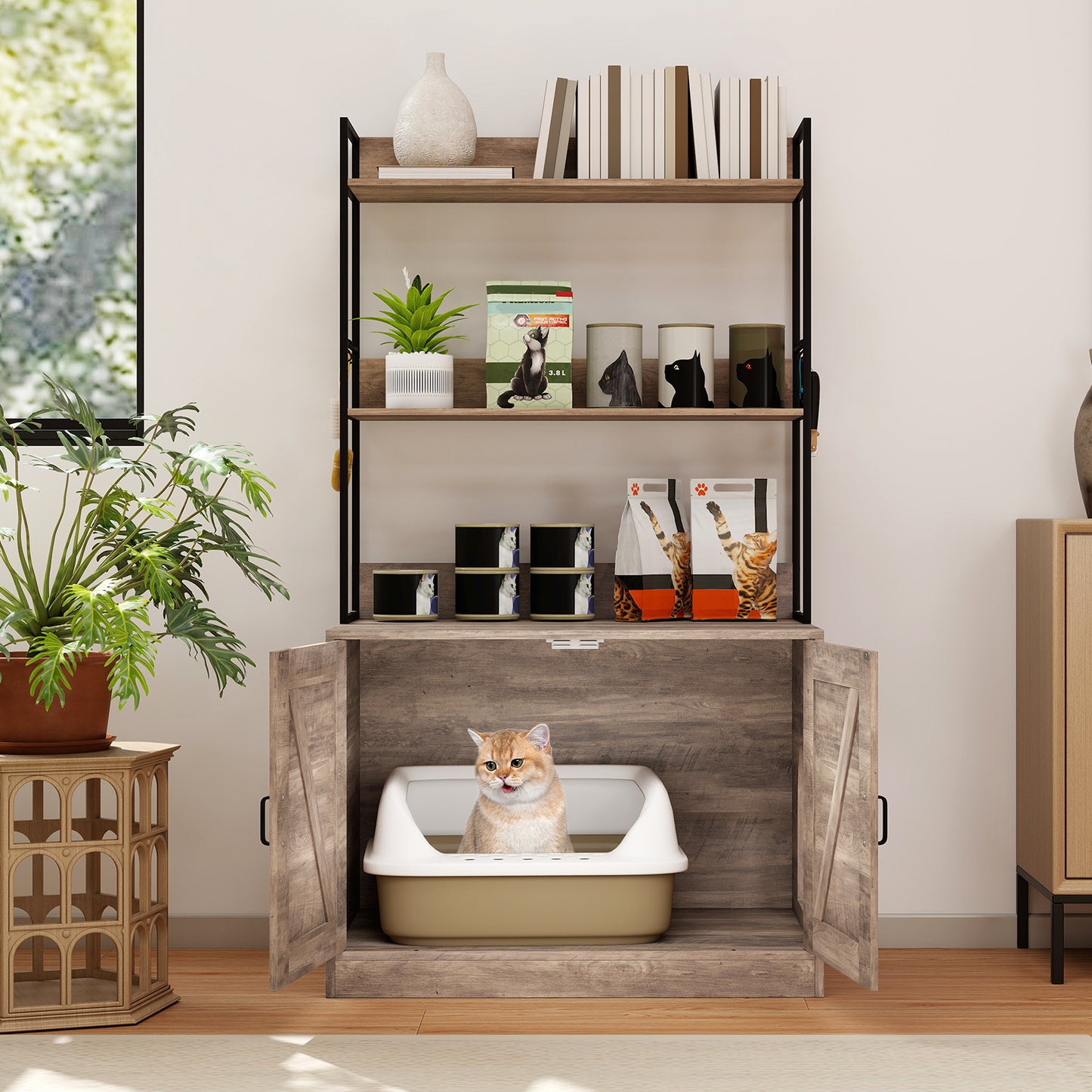 Modern Cat Litter Box Enclosure Cabinet with 3-Tier Shelves Metal Frame-Grey