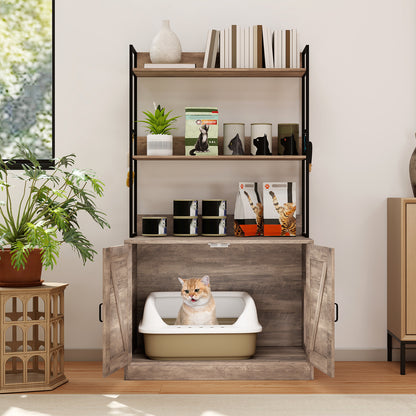 Modern Cat Litter Box Enclosure Cabinet with 3-Tier Shelves Metal Frame-Grey