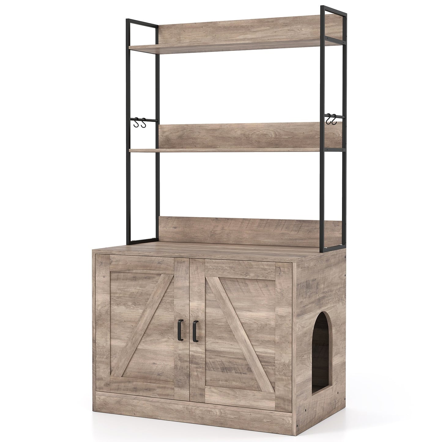 Modern Cat Litter Box Enclosure Cabinet with 3-Tier Shelves Metal Frame-Grey
