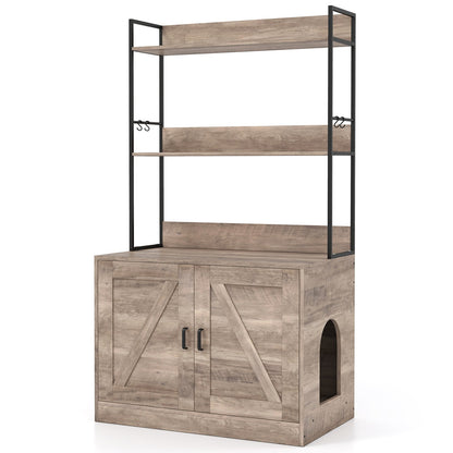 Modern Cat Litter Box Enclosure Cabinet with 3-Tier Shelves Metal Frame-Grey