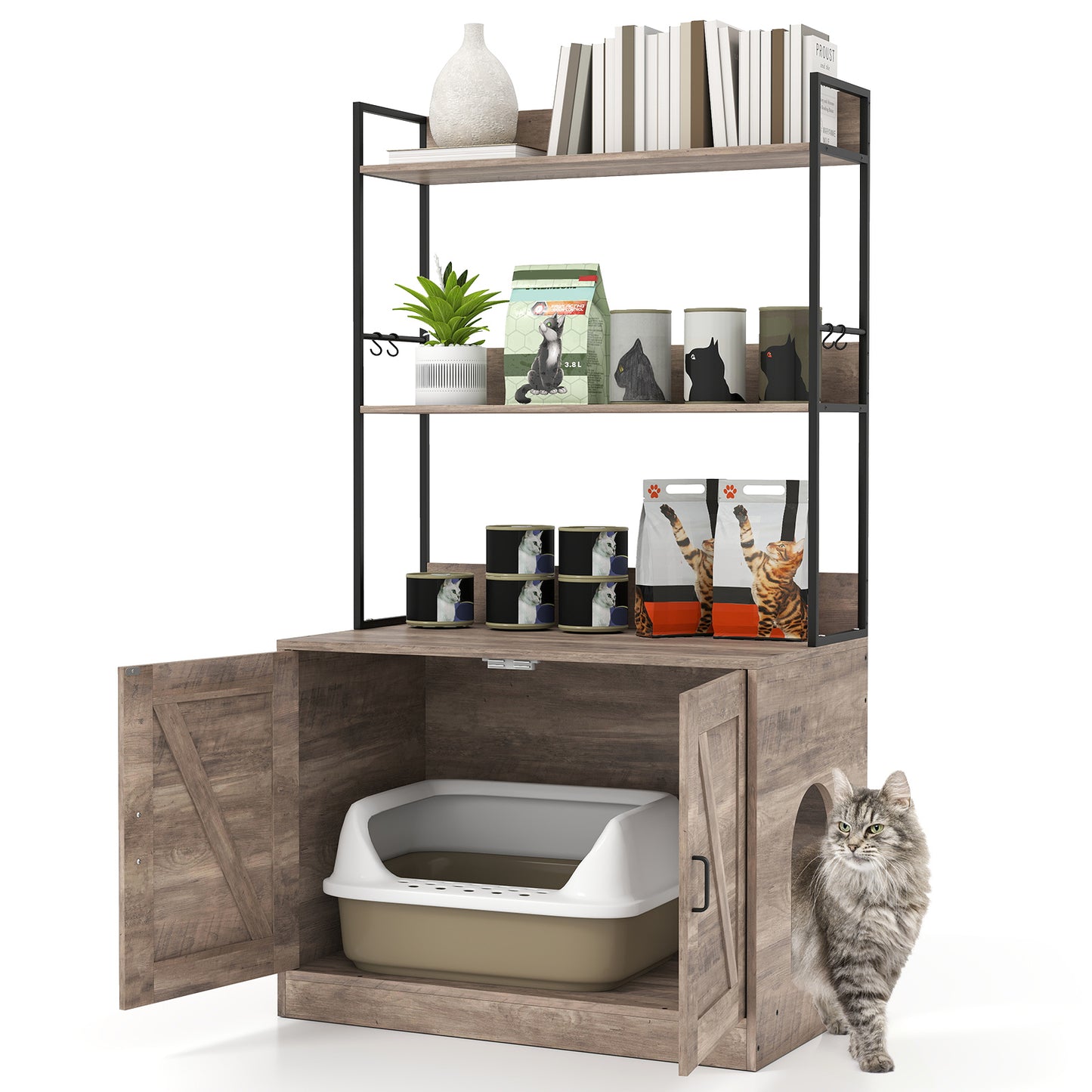 Modern Cat Litter Box Enclosure Cabinet with 3-Tier Shelves Metal Frame-Grey