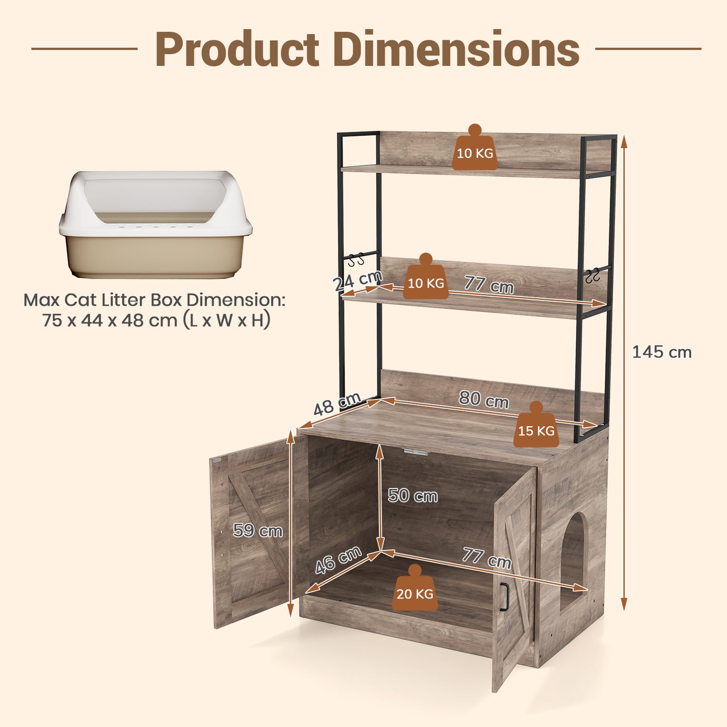 Modern Cat Litter Box Enclosure Cabinet with 3-Tier Shelves Metal Frame-Grey