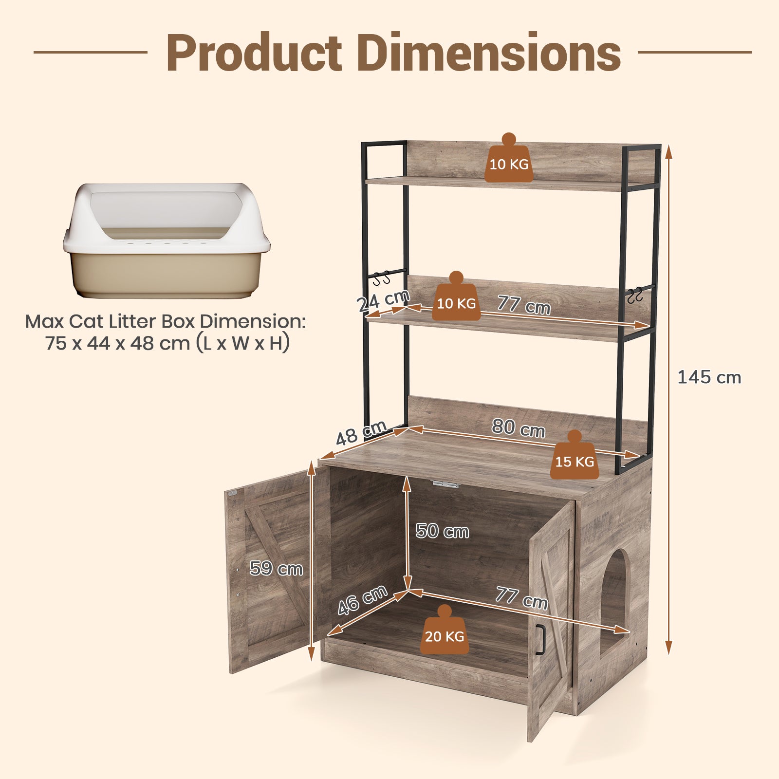 Modern Cat Litter Box Enclosure Cabinet with 3-Tier Shelves Metal Frame-Grey