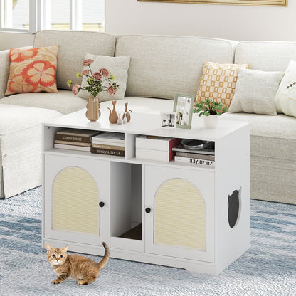 Cat Litter Box Enclosure for 2 Cats with Storage Double Rooms Scratching Board-White