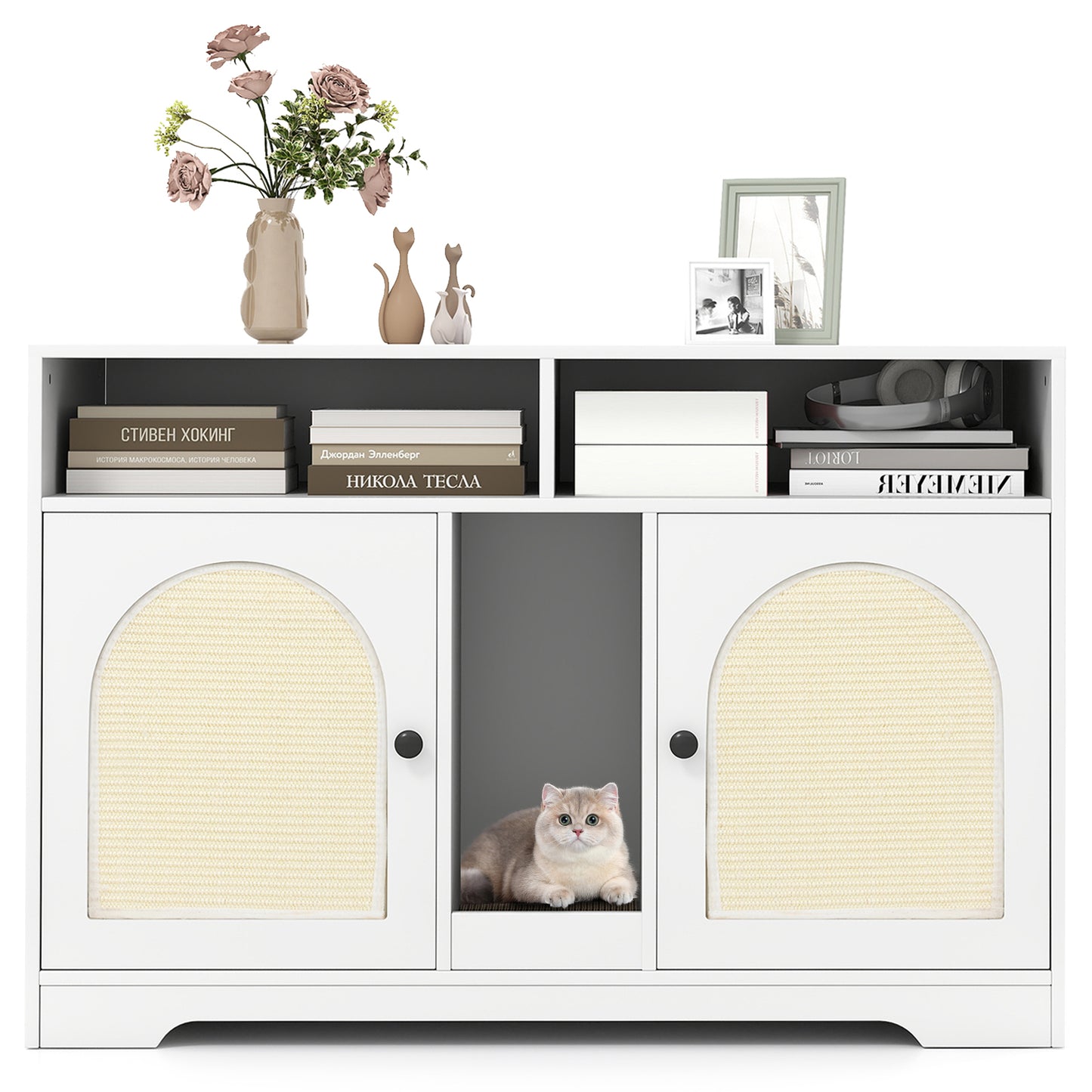 Cat Litter Box Enclosure for 2 Cats with Storage Double Rooms Scratching Board-White