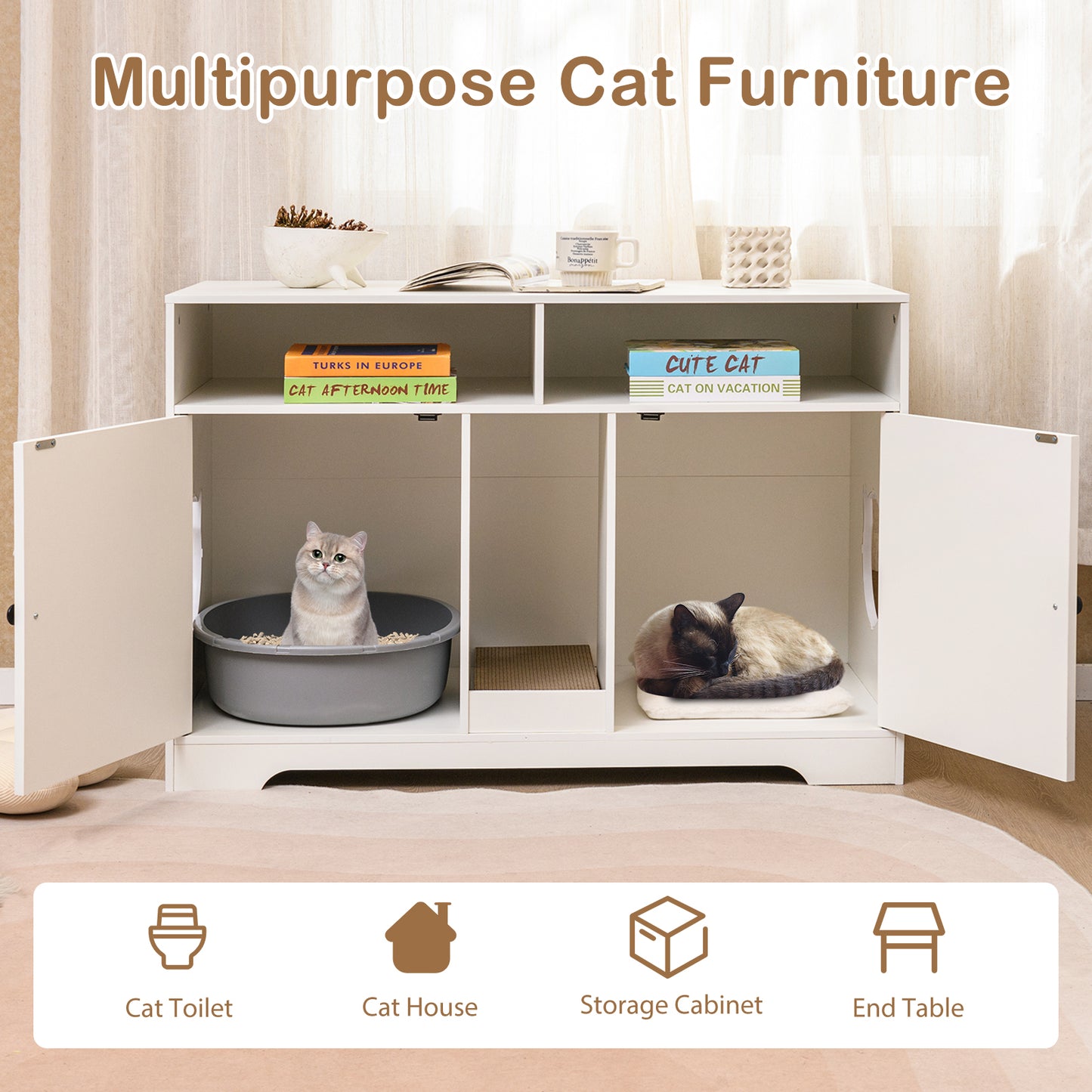 Cat Litter Box Enclosure for 2 Cats with Storage Double Rooms Scratching Board-White