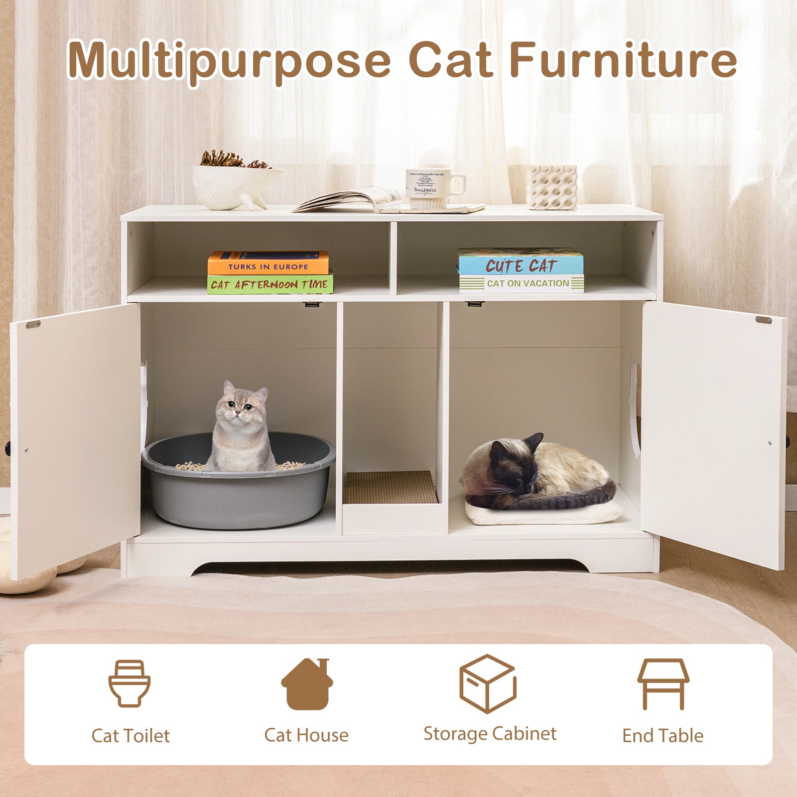 Cat Litter Box Enclosure for 2 Cats with Storage Double Rooms Scratching Board-White