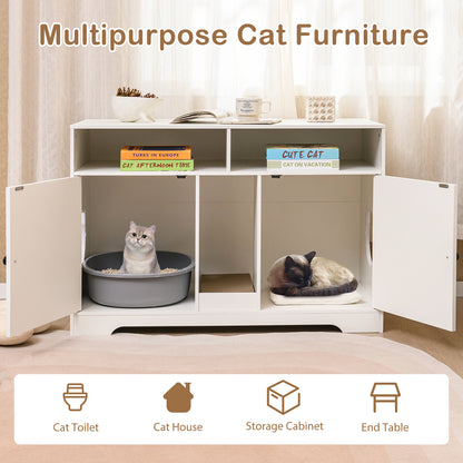 Cat Litter Box Enclosure for 2 Cats with Storage Double Rooms Scratching Board-White