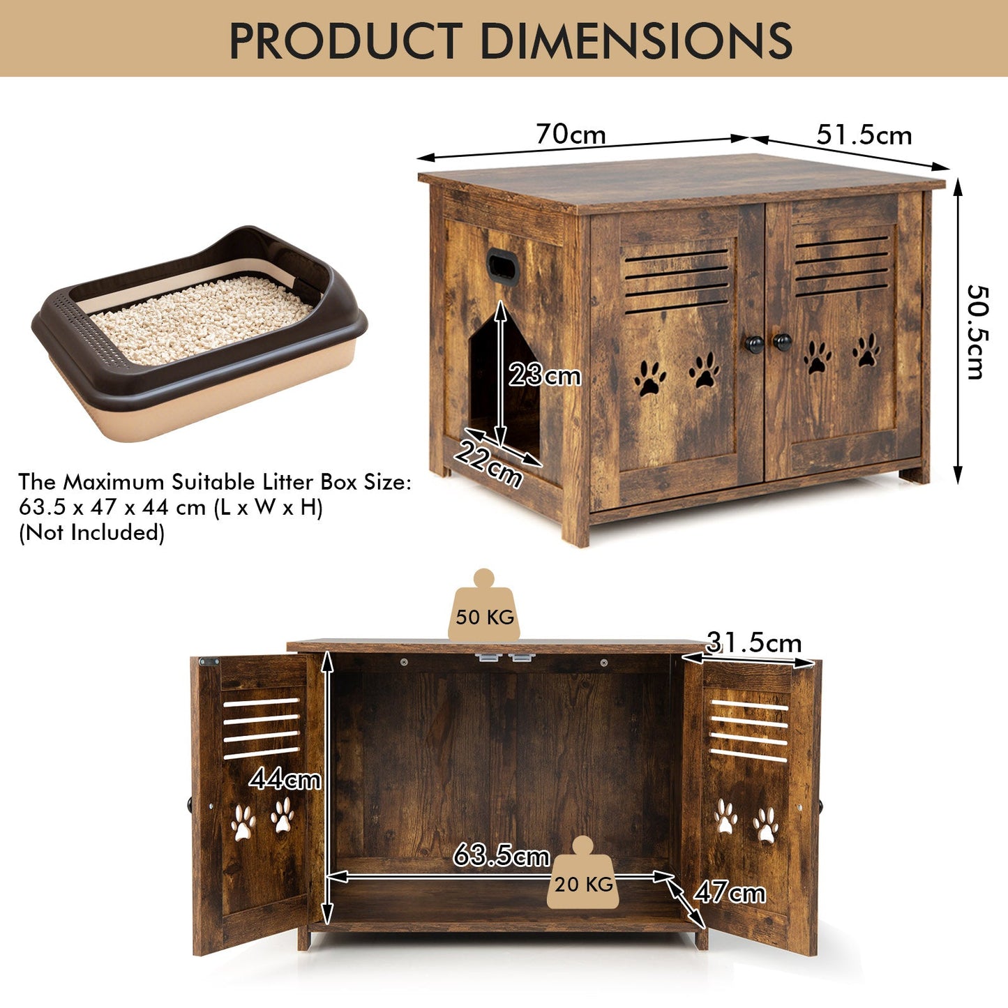 Cat Litter Box Enclosure with Double Louvered Doors, Side Entrance-Rustic Brown