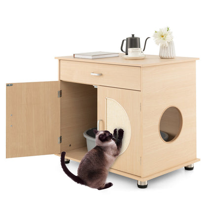 Cat Litter Box Enclosure with Sisal Scratching Doors and Drawer-Natural
