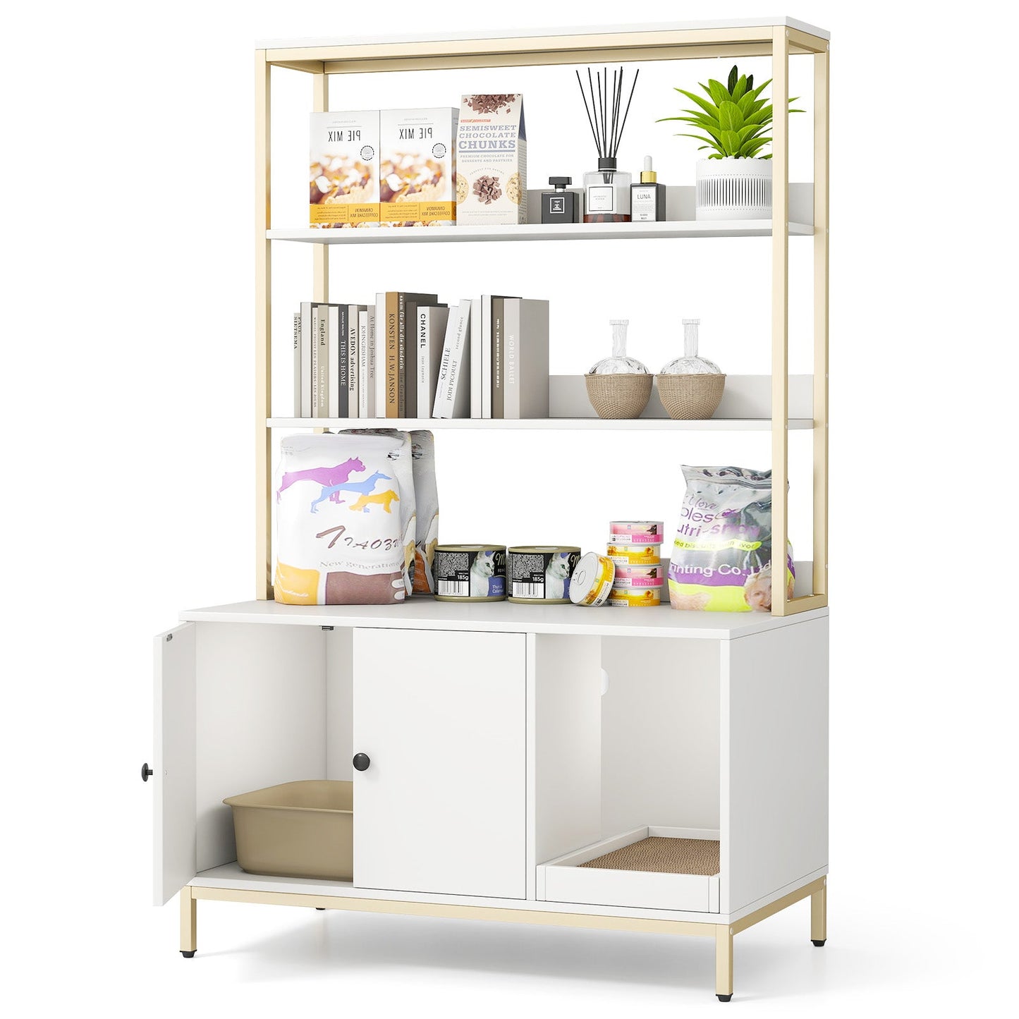 Cat Litter Box Enclosure with Storage Large Hidden Cat Washroom-White