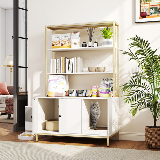 Cat Litter Box Enclosure with Storage Large Hidden Cat Washroom-White