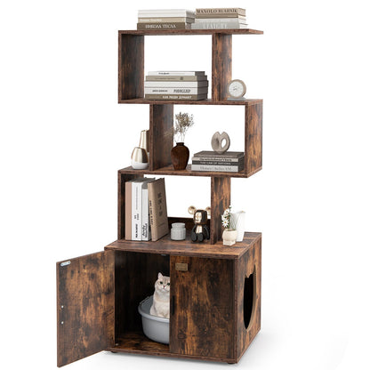 2-in-1 Hidden Cat Litter Box Enclosure with 3 Open Shelves-Rustic Brown