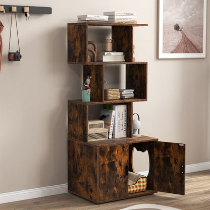 2-in-1 Hidden Cat Litter Box Enclosure with 3 Open Shelves-Rustic Brown